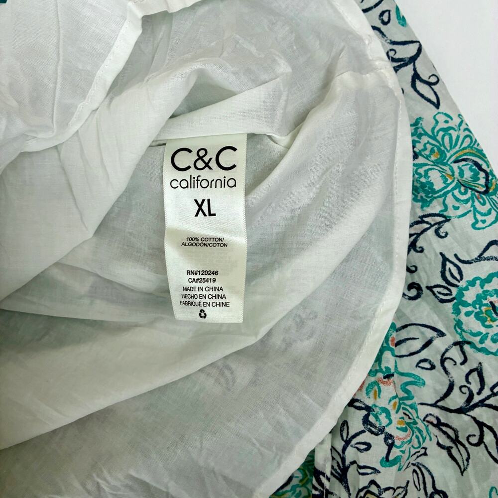 C&C California Cream and Aqua Floral Tie Shoulder Tiered Cotton Dress - Size XL - Picture 4 of 10
